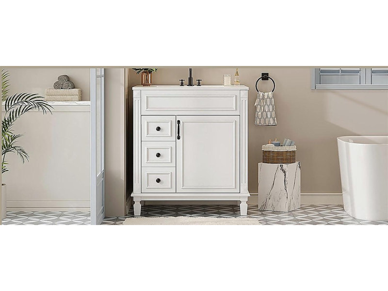 Armoire de salle de bain 30 po avec lavabo en céramique 30 po et 2 tiroirs, Blanc