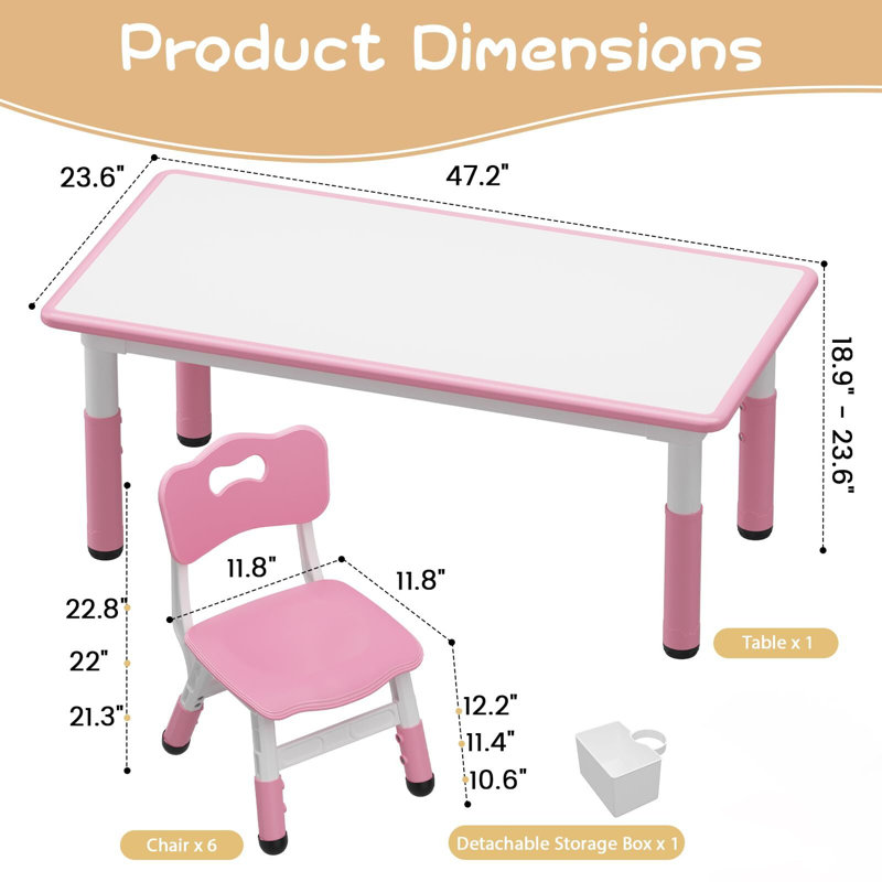 Ensemble de table et 6 chaises pour enfants, ensemble de table et de chaises pour tout-petits à hauteur réglable, Rose
