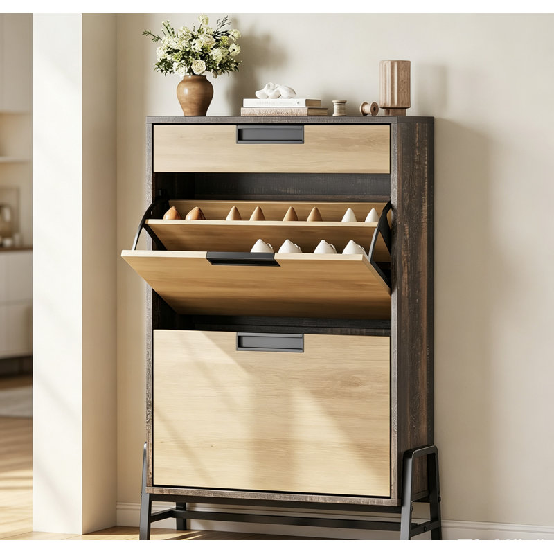 Hallway Vintage Farmhouse Narrow  Shoe Storage Cabinet with 2 Flip Drawers and 1 Drawer with Legs, Freestanding Hidden Entryway Organizer