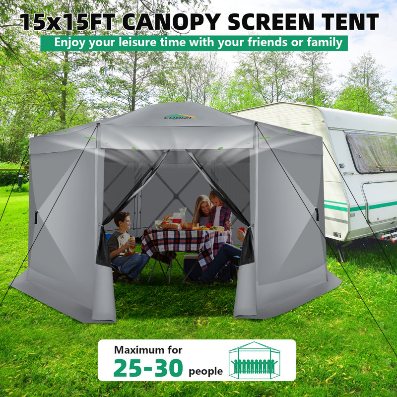 15x15ft Pop Up Gazebo Screen Tent Screen House for Camping, 15x15 Screen Room with Mosquito Netting, Hub Tent Instant Screened Canopy with Carrying Bag and Ground Stakes