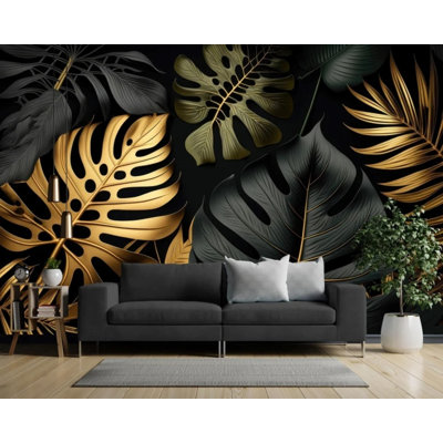 Murale feuille de palmier noir et or noir - Papier peint décoratif grand luxe tropical foncé