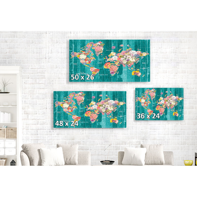 Carte sur les Continents en fleurs sur fond bleu sarcelle, bleu, rouge, jaune, H 16 po x l 24 po x P 1,5 po