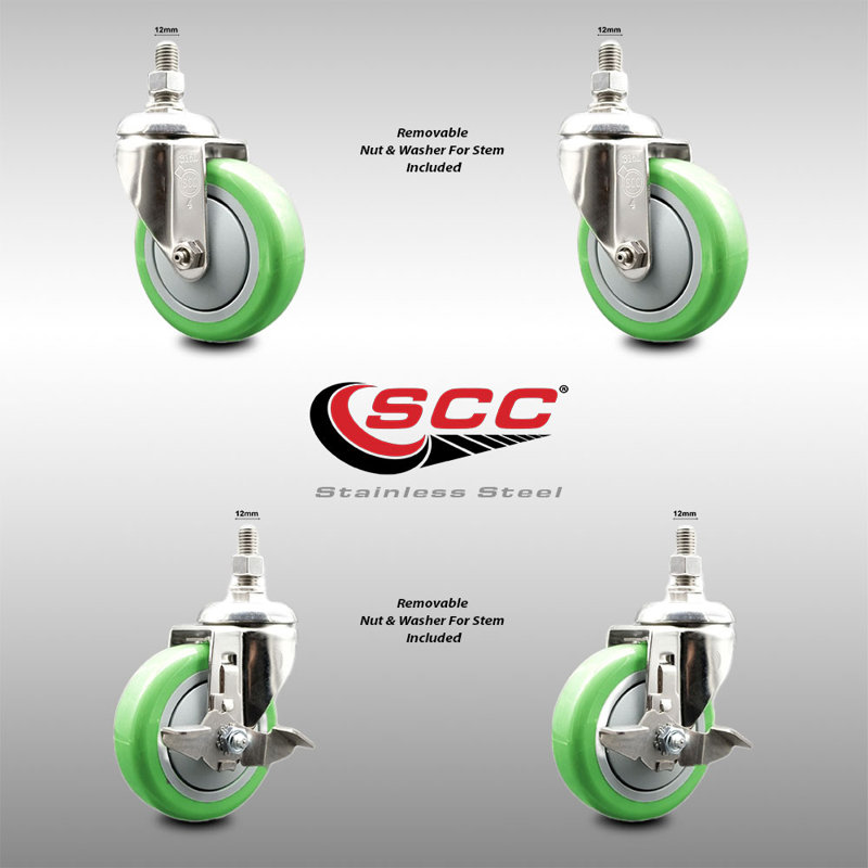 Ensemble de roulettes à tige filetée en polyuréthane pivotant vert 4mm 4mm 12mm 2 freins