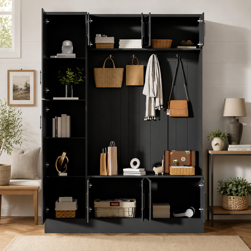 79'' Tall Hall Tree with Storage Cabinets, 4-in-1 Entryway Bench with Coat Hooks and Adjustable Shelf, Modern Entryway Organizer for Hallway Living Room