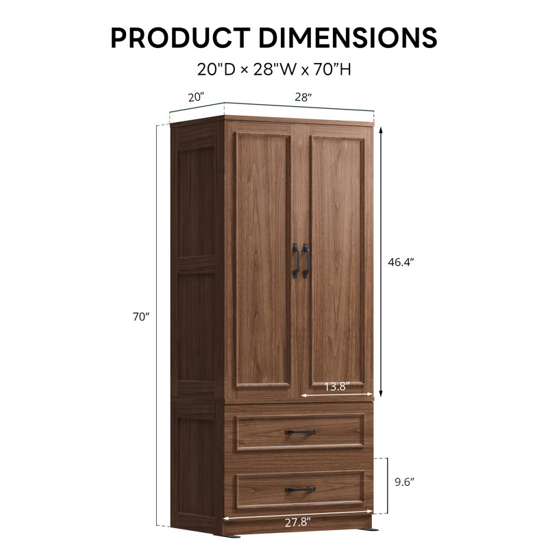 70" H Armoire Wardrobe Closet With 2 Doors & 2 Drawers, Freestanding Wooden Wardrobe Armoire With Hanging Rod For Bedroom, White