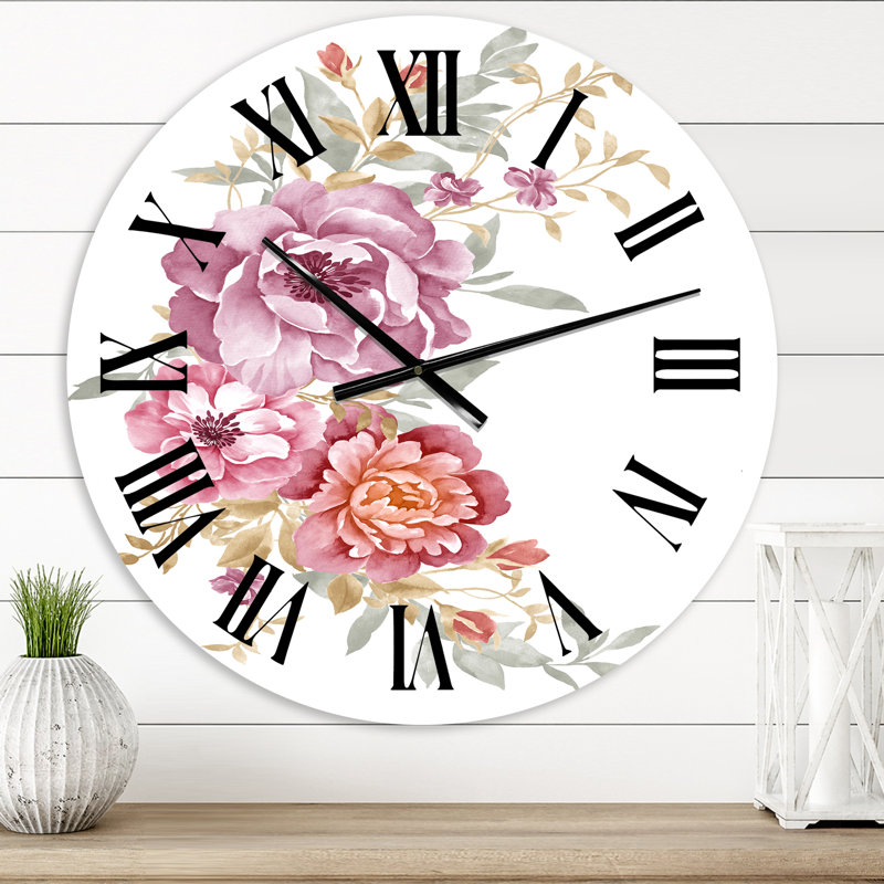 Bouquet de fleurs roses et mauves III - Horloge murale de ferme, Moyen