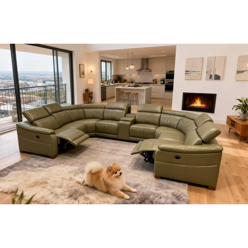 Mietoon Leather Match Large Seating Power Recliner Sectional, Olive Leather Match