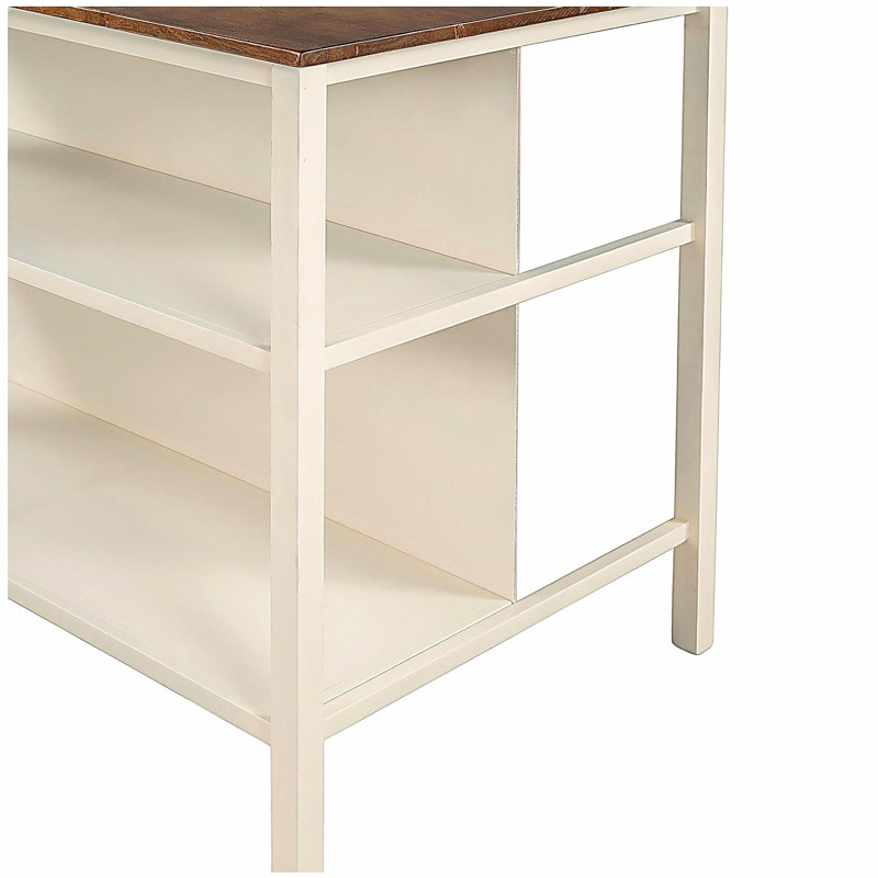 45-inch solid wood country style fixed kitchen island, rubberwood cutting board dining island, with 2 open shelves, walnut+cream white