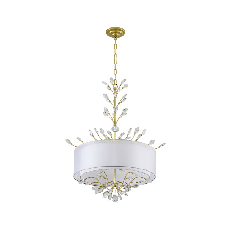Lustre 6 branches en argent vieilli avec abat-jour en tissu et cristaux