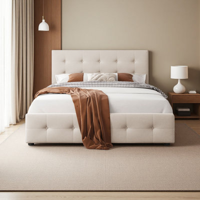 Lit plateforme tapissier avec tête de lit classique et 4 tiroirs, aucun sommier nécessaire, tissu en lin, grand