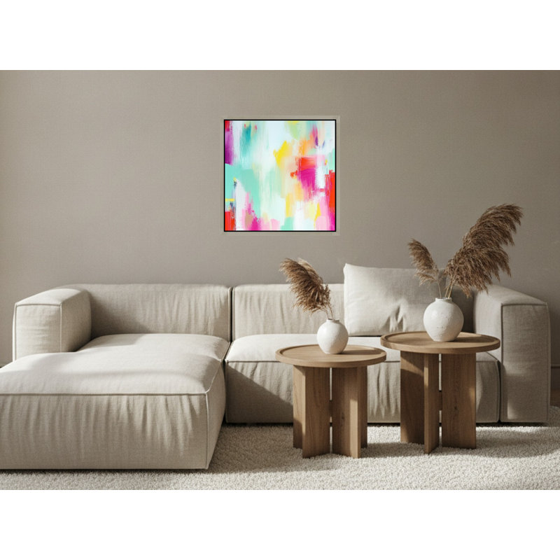 «Vibrant Abstract Brushstrokes in Pastel», art mural sur toile encadré, 36" H x 36" W, Silver