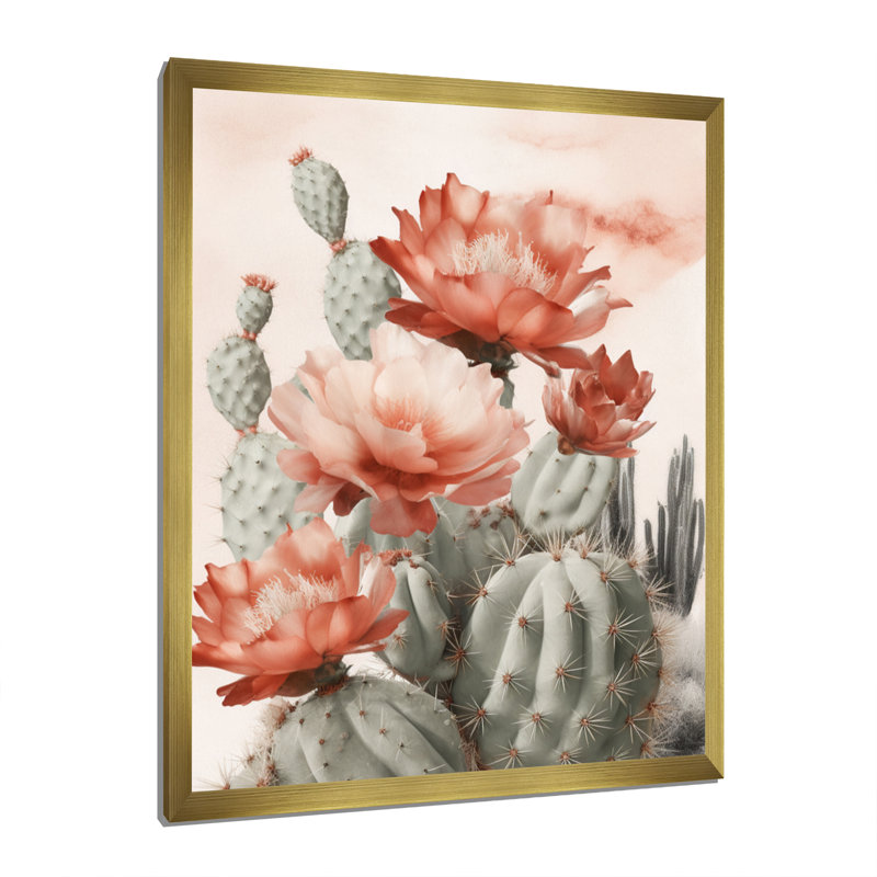 Cactus du désert rouge Louver sur toile, Cadre doré, H 32 po x l 16 po