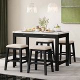 3-Piece Counter Height Marble Dining Table With 2 Drawers & 4 Upholstered Chairs