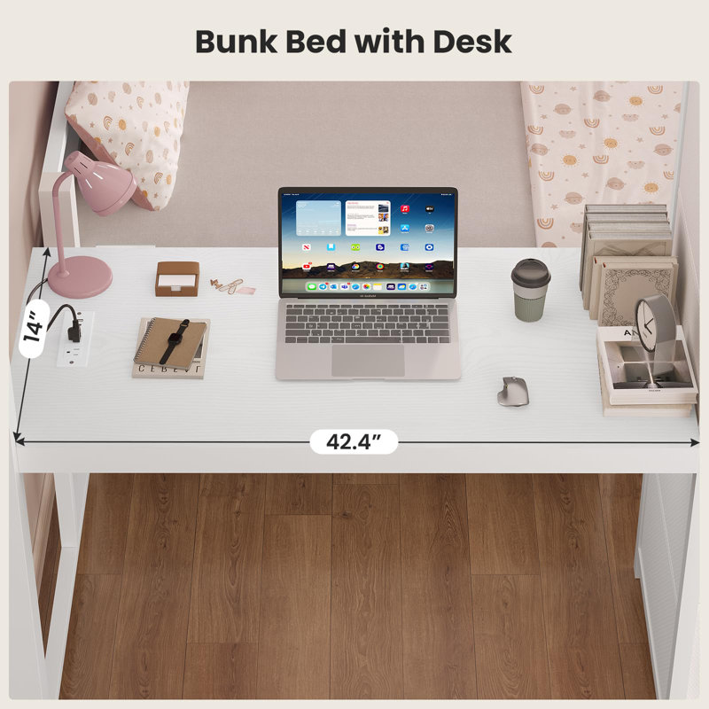 Lit superposé avec bureau, lit superposé double au-dessus de double avec 5 tiroirs de rangement et station de charge, blanc