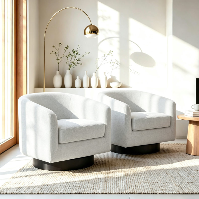Applewold Upholstered Beige Chenille Swivel Barrel Chair with Solid Wood Base, Beige