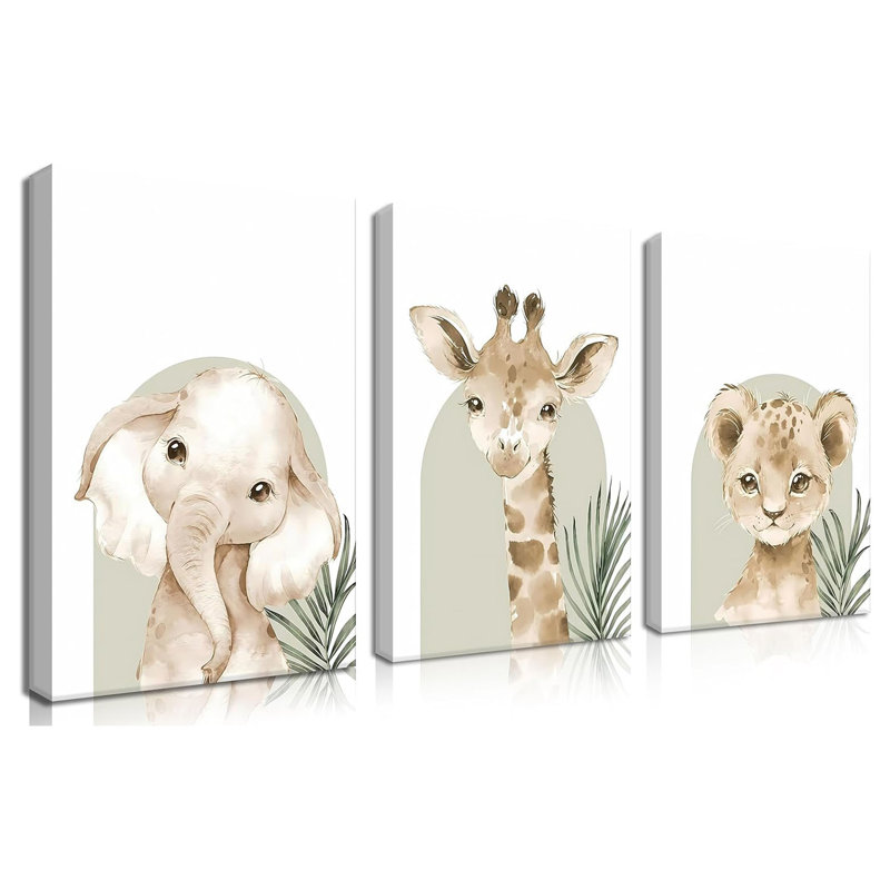Wall Decor Set Of 3, Cute Animal Lion Elephant Baby Pictures Poster Prints, Giraffe Jungle Canvas Wall Art Woodland Nursery Decor For Boys Girls Room Decoration 12X16 Inch Framed