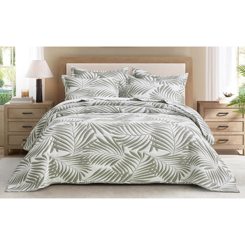 5-Piece Oversized Jacquard Matelasse Leaf Damask Bedspread Set, Queen Coverlet + 4 Standard Shams, White/Platinum Gray Floral