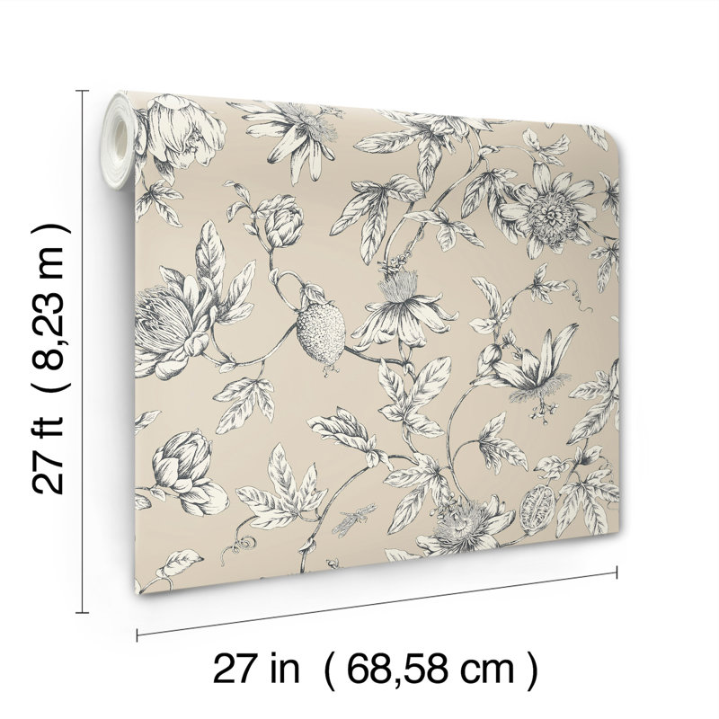 Passion Flower Toile Floral Wallpaper Roll, Beige