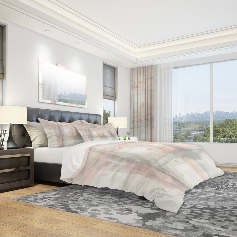 Ensemble de housse de couette moderne gris et rose Intersect II, Housse de couette double / grand et 2 taies