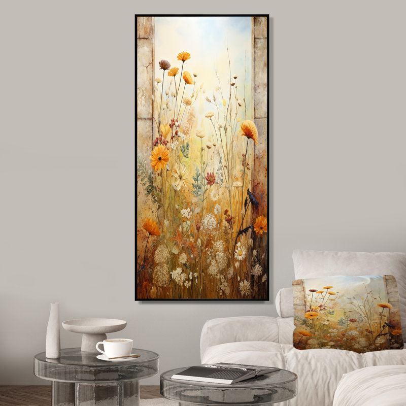 «Green and Yellow Summer Meadow Windows View II - Meadow», art mural, Cadre flottant noir, H 40 po x l 30 po