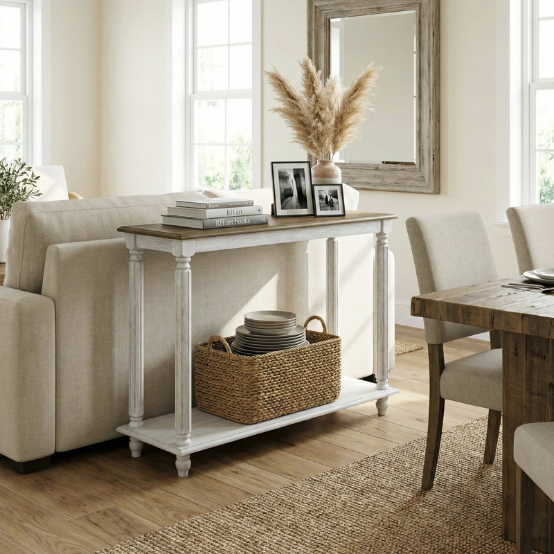 Cason Farmhouse Solid Wood 2 Tier 35.4" Console Table, Brown/White