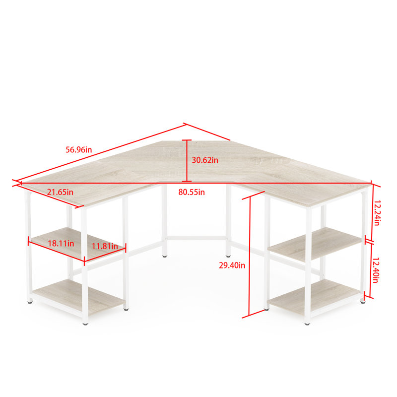 56.9" L Shaped Desk with Shelves Corner Computer Desk Large Table, Beech/White