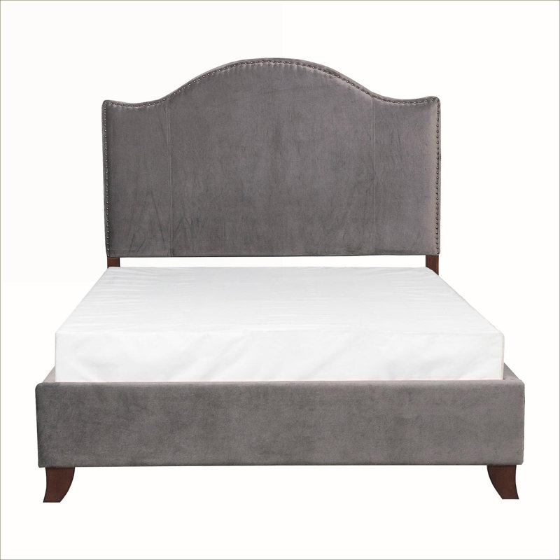 Lit double à panneau double, tête de lit tapissier en velours de ton bois gris avec garniture cloutée pour la chambre à coucher