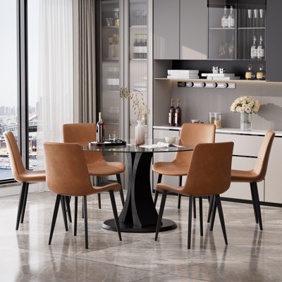 Ensemble de salle à manger moderne à piédestal rond en verre avec cuirs en polyuréthane pour 4 à 6 personnes