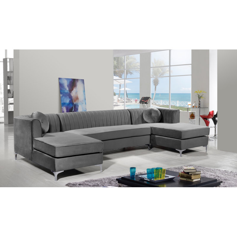 Canapé et méridienne modulaire en velours large de 132 po Graham, Velours gris