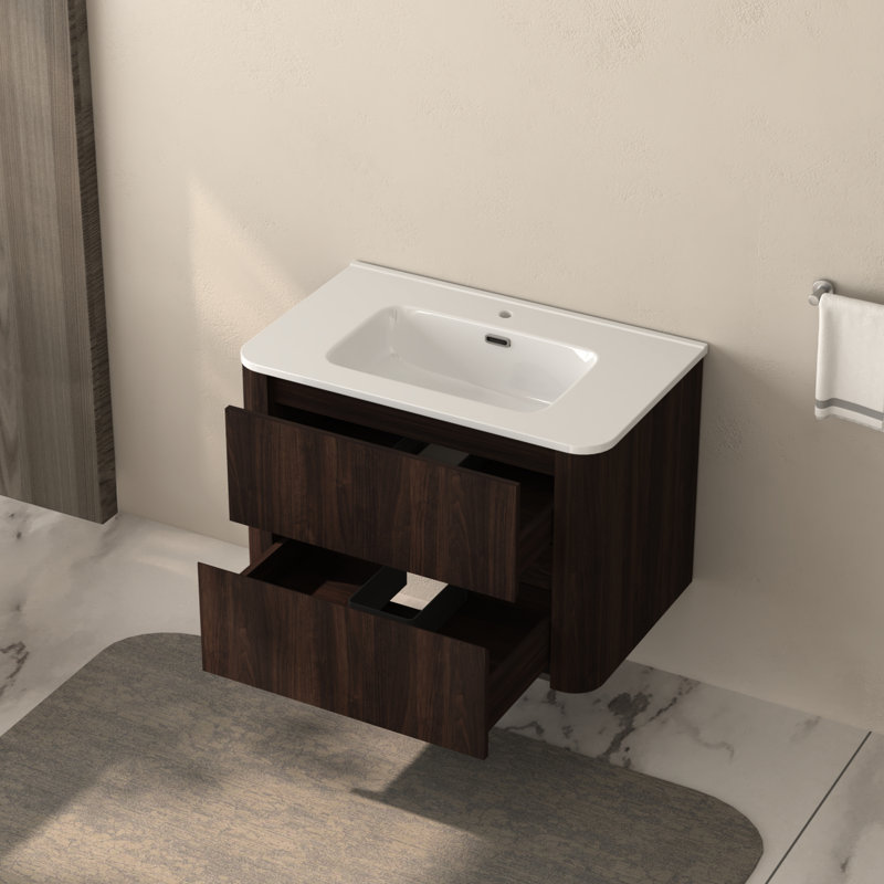 Meuble-lavabo flottant de 30 po avec deux tiroirs et lavabo en céramique blanche, armoire murale en noyer foncé