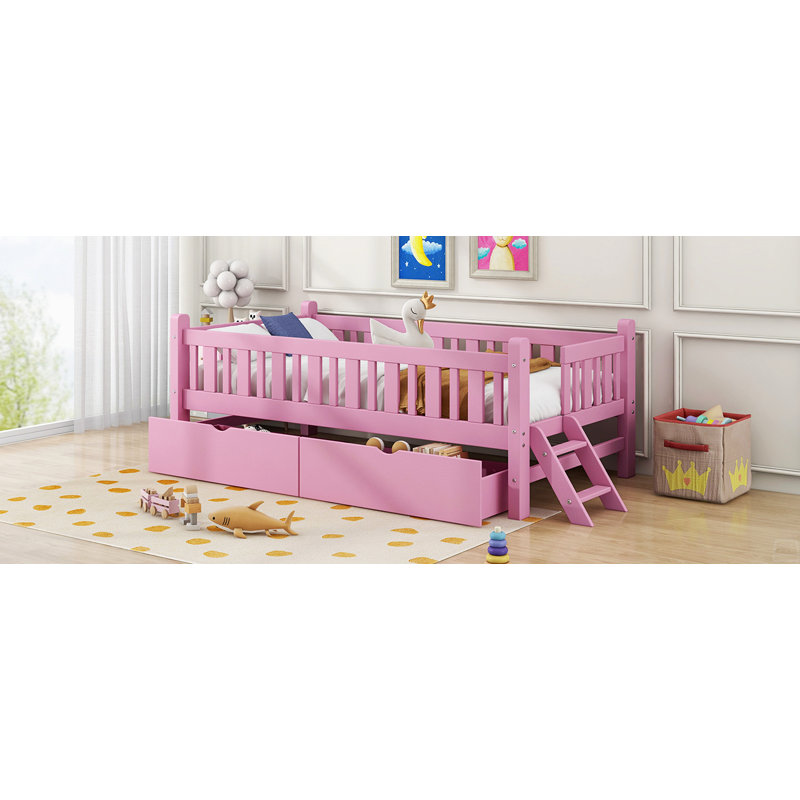 Wood Twin Size Platform Bed With Guardrail And 2 Drawers, Pink