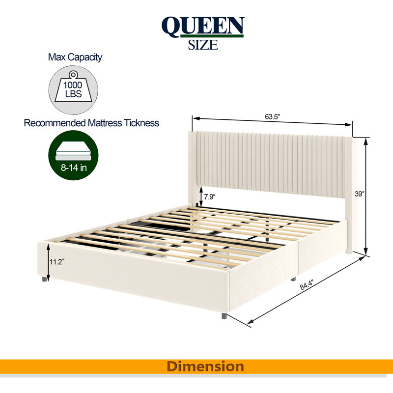 Lit plateforme tapissier à deux tiroirs avec grand lit et rangement à 2 tiroirs en velours ivoire, tête de lit de conception moderne avec canal serré, support de matelas à lattes en bois sans sommier