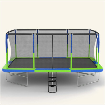 Grand trampoline haut de gamme de 10 pi x 17 pi avec sécurité et durabilité accrues, parfait pour le plaisir et l'exercice en plein air en famille.