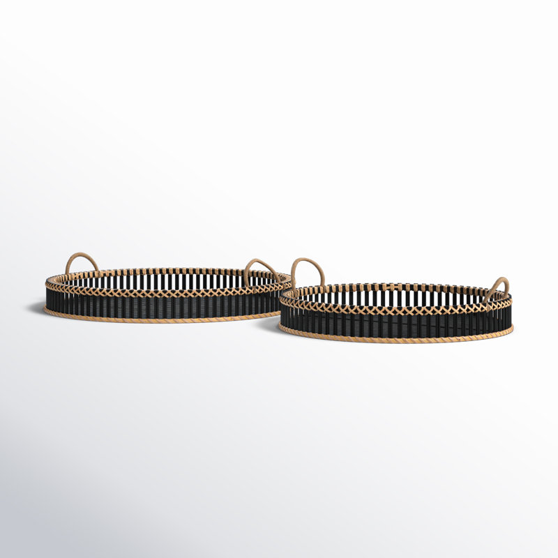 Sagebrook Home Ardian Coastal Large Set of 2 Round Bamboo Serving Trays 24/30", Black