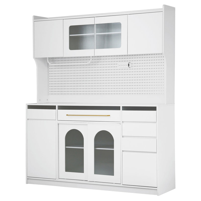 63'' W Buffet with Hutch, Large Coffee Bar Storage Cabinet with 6 Drawers, 5 Cabinets with Adjustable Shelves,Pegboard,Towel Rack, Power Outlet
