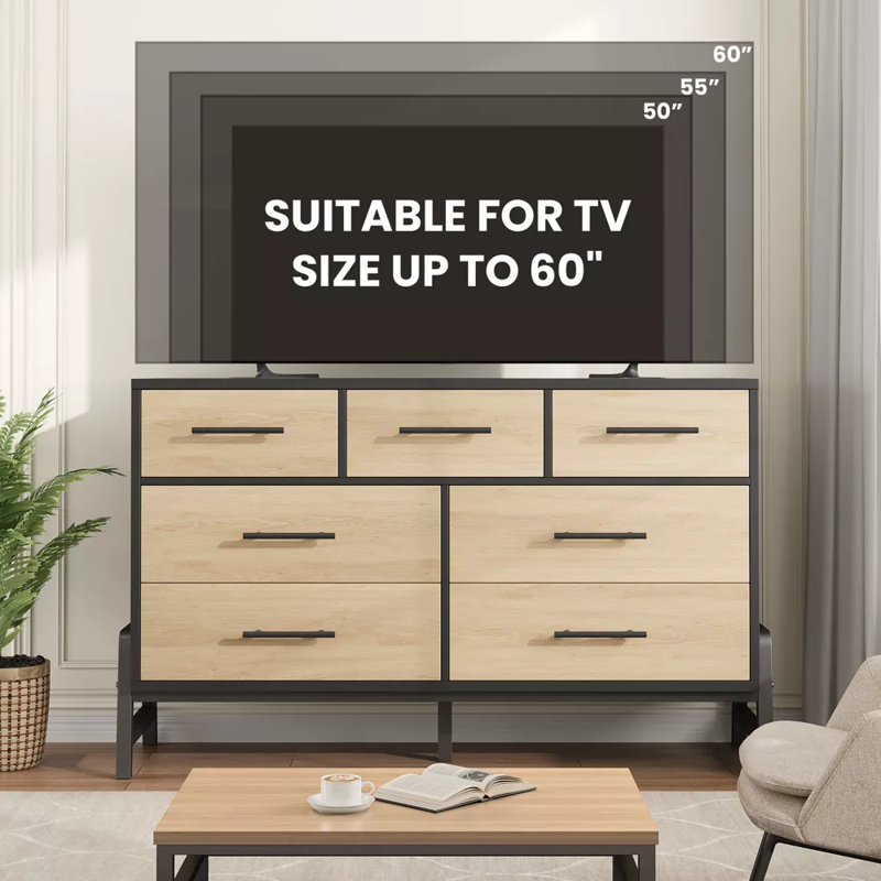 Commode à 7 tiroirs l 52 po Mangu, commode large avec rangement, commode en bois pour commode pour chambre, Anthracite