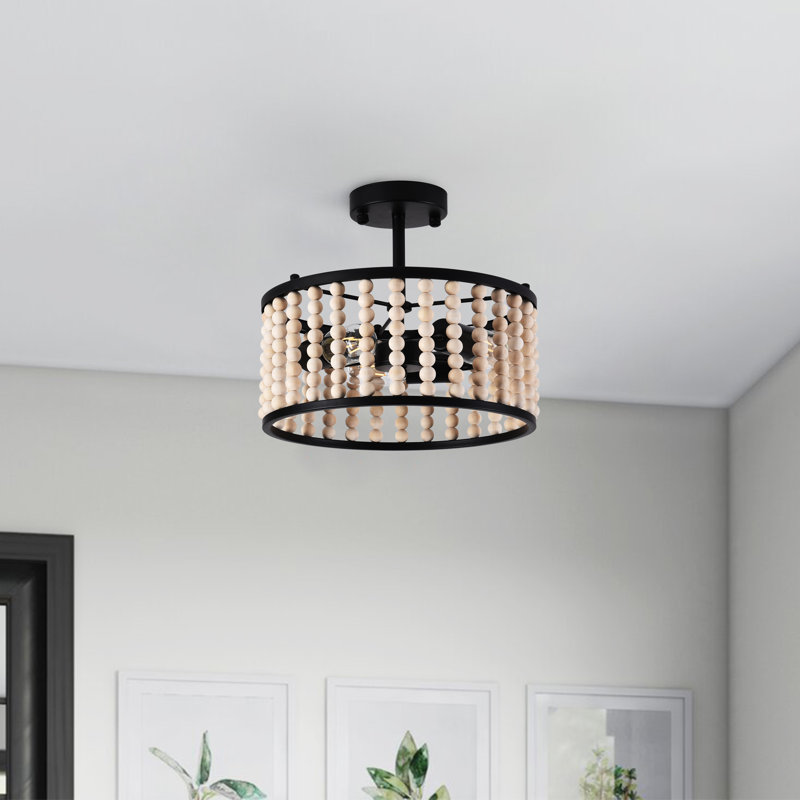 Plafonnier semi-encastré 3 lumières en perles de bois