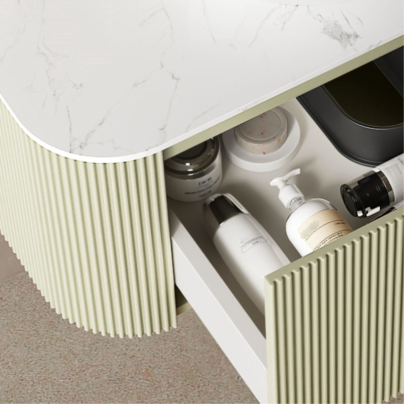 Meuble-lavabo de 30 po avec lavabo rond en céramique blanc et motif de pierres, armoire rayée 3D, pré-assemblé, rangement spacieux, système de fermeture en douceur