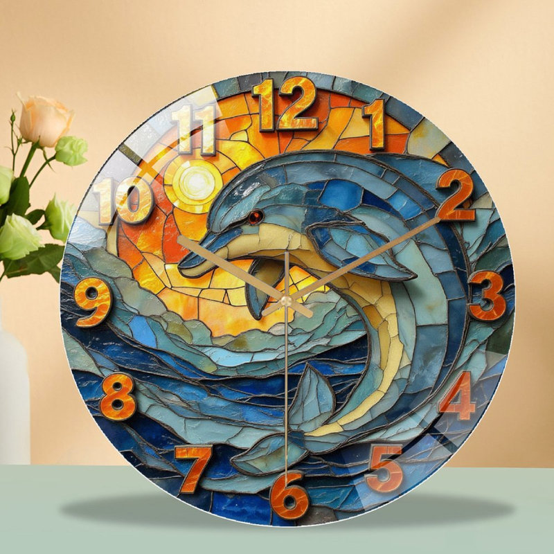 Horloge murale vitrail dauphin - 12 po