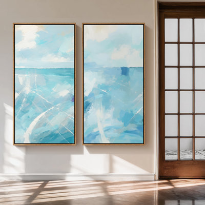 Grand ensemble d'art mural sur toile encadrée - Imprimés de paysage marin abstrait bleu océan minimaliste - 60 po x 20 po x 2 pièces