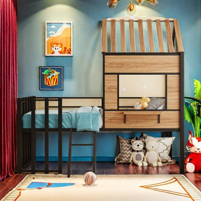 Metal Twin Size Loft Bed With Roof, Window, Guardrail