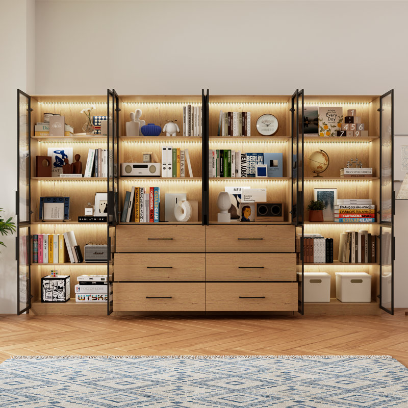 Vitrine en bois de 126 po de largeur avec portes en verre, bibliothèque à 6 portes avec tiroirs, structure en métal et tablettes ouvertes
