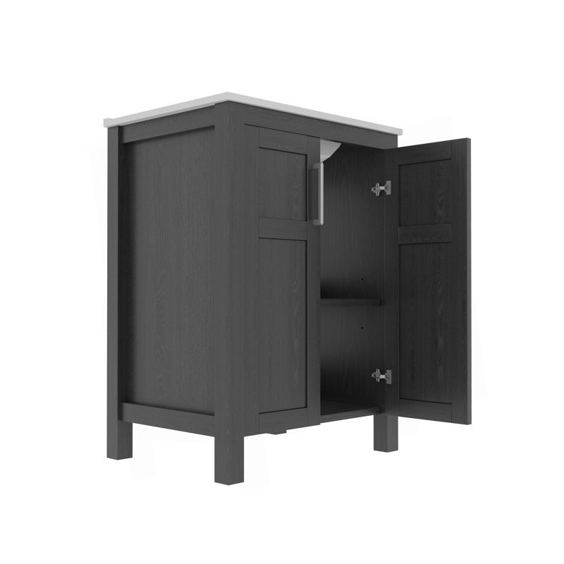 Une armoire de salle de bain noire de 24 pouces, jumelée à un lavabo en céramique blanche, présente un design moderne et est faite de matériaux imperméables et durables.