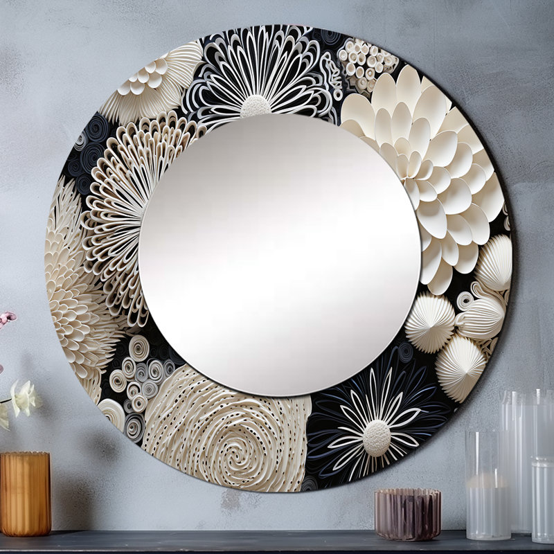 Fleurs de corail gris Ristin I - miroir coraux, miroir mural rond gris, impression sur métal, 23 po x 23 po