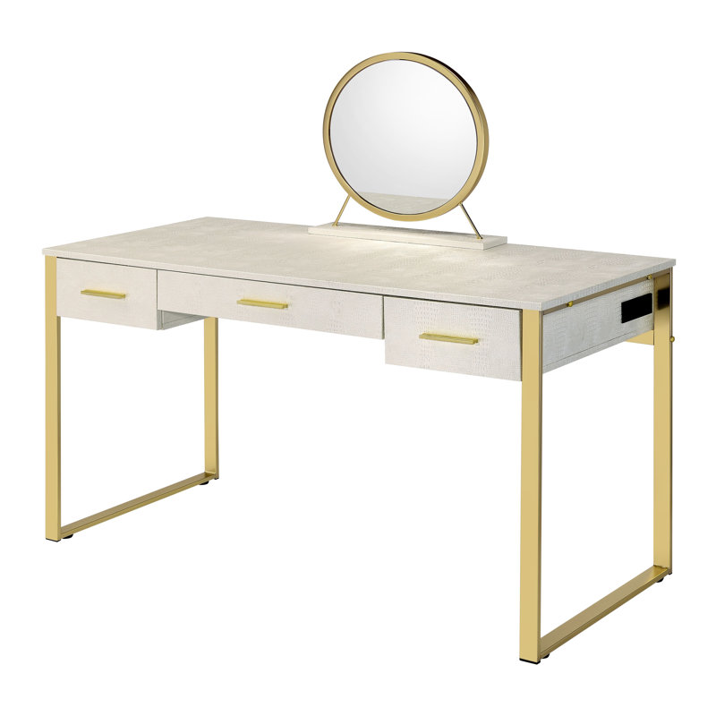 Deundrae 3 - Drawer Vanity Desk with Mirror, Gold