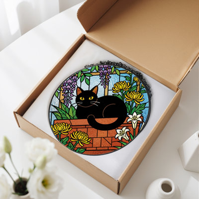 12"H Black Cat Stained Glass Window Panel