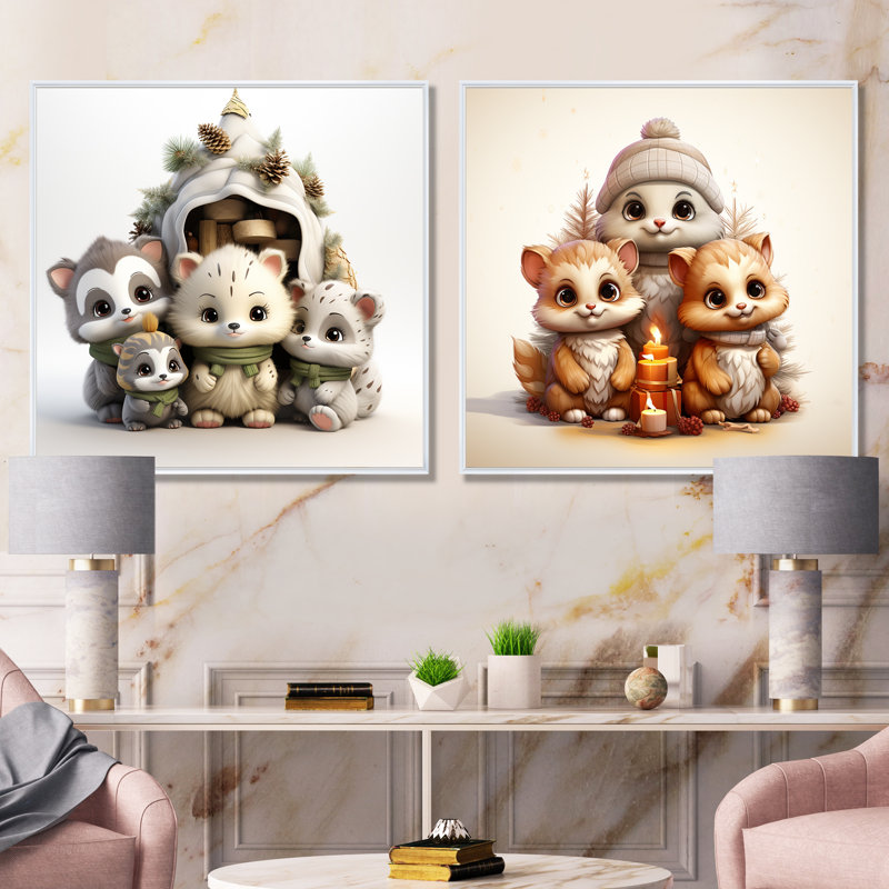 Joyfull Nursery Teddy Bears I - Ensemble de 2 reproductions sur toile d'ours en peluche, Cadre flottant blanc
