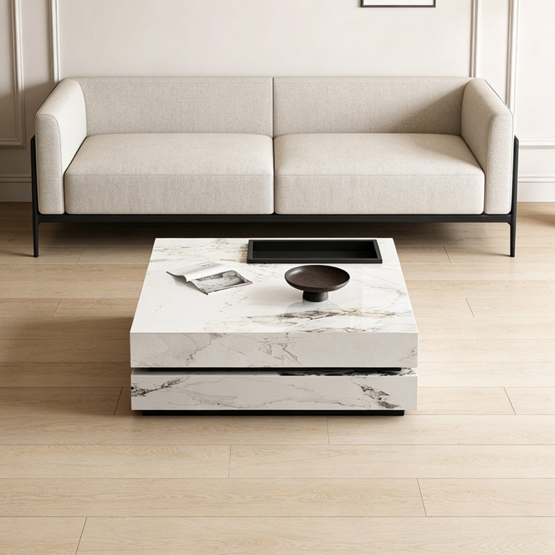 Table basse carrée sur pied avec plateau, H 13,77 po x L 31,49 po x l 31,49 po, Blanc, Blanc/taupe