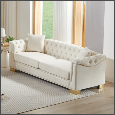 {Video] Classic Modern Sofa, 84-inch Chesterfield with Classic Rolled Arms and Tasseled Decorative Clouds in Velvet, Luxury Three-Seater Sofa Suitable