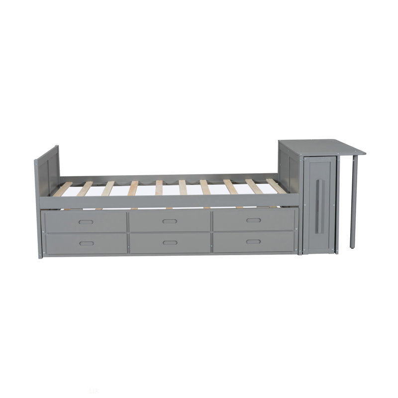 Lit plateforme simple en bois multifonctionnel avec bureau et tablette de rangement au bout du lit, lit gigogne intégré et 3 tiroirs, cadre de lit